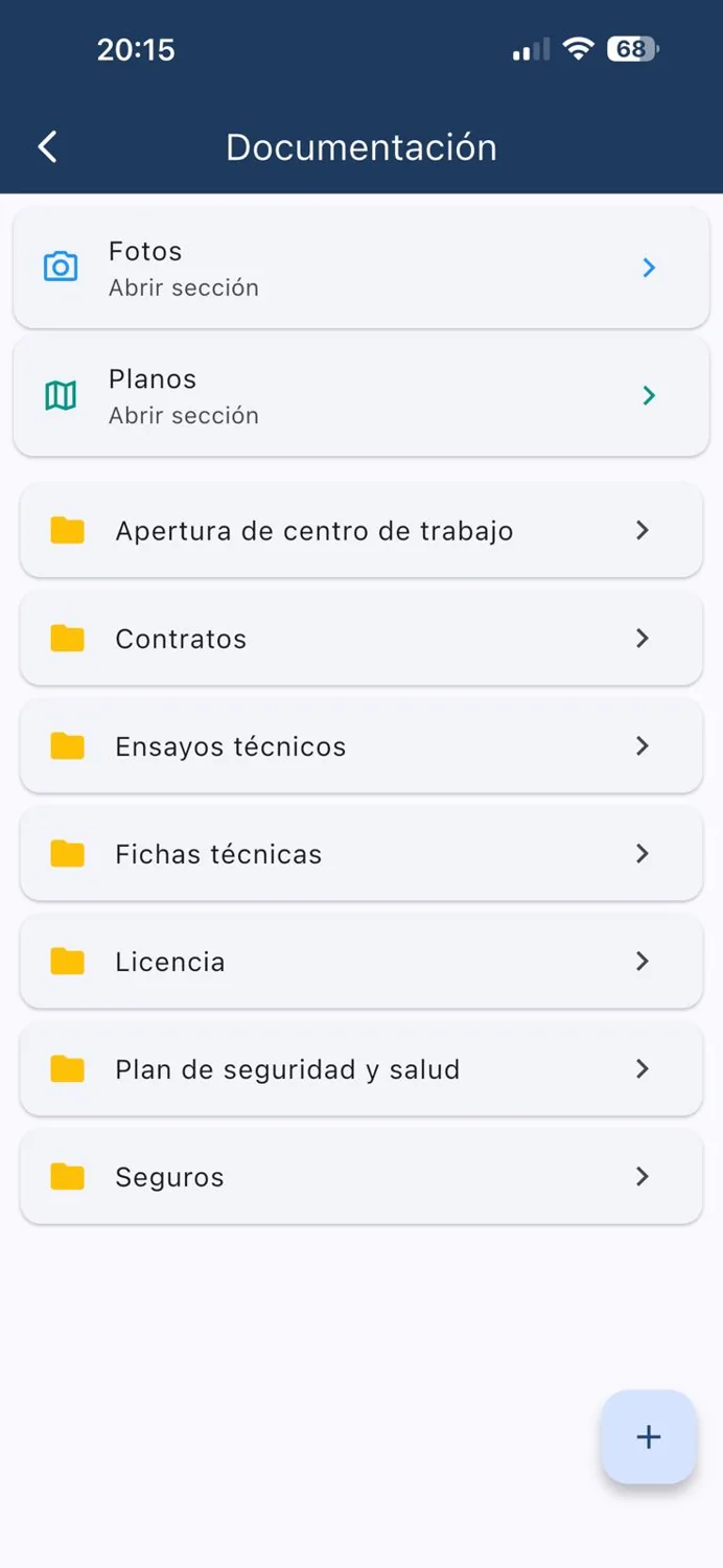 Pantalla real del módulo de documentación de DirecApp