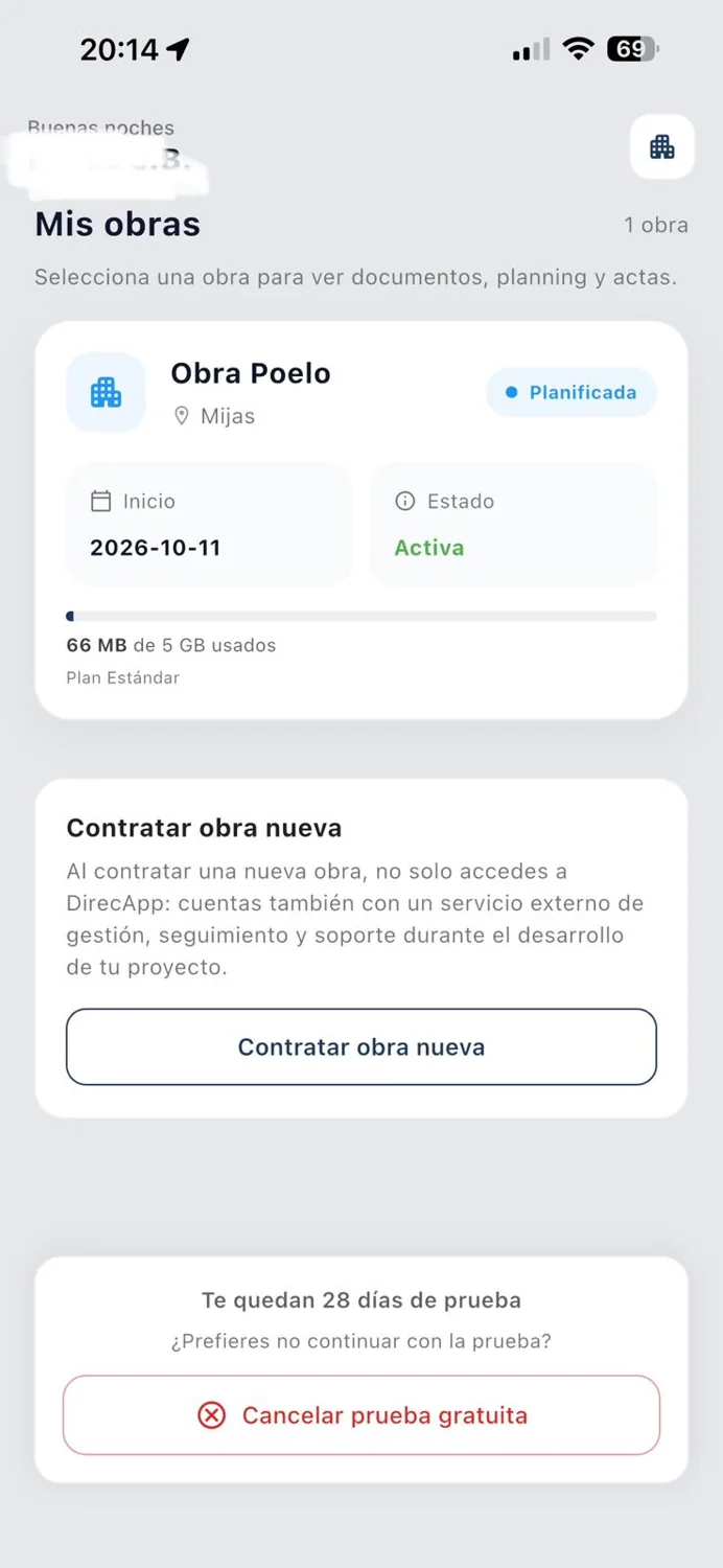 Pantalla Mis obras de DirecApp Obras