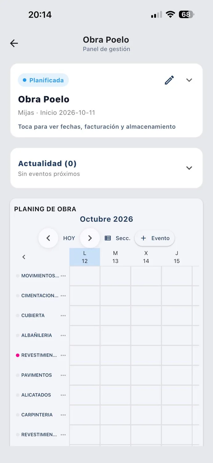 Pantalla real del panel de gestión y planning de una obra en DirecApp