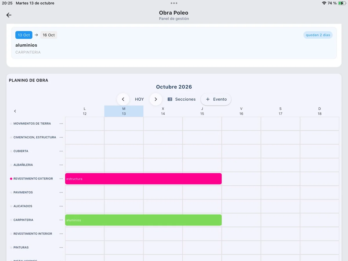 Planning de obra de DirecApp mostrado dentro de una tablet